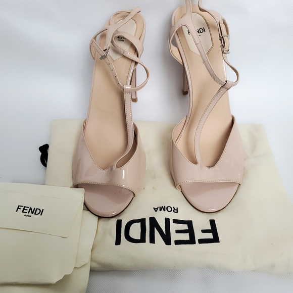 FENDI T STRAP PATENT NUDE HEELS sz 40.5 - Picture 3 of 6